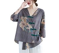 China Traditional Tang Suit Blouses Cotton Linen V Neck Tops Women Printing Vintage Chinese Style Shirt Hanfu
