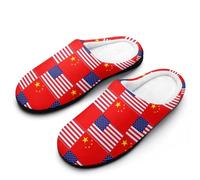 China U.S. Flag Men's House Slippers Memory Foam Washable Cotton Slip on Home Shoes
