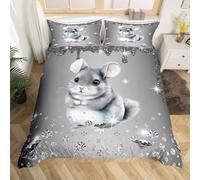 Chinchilla Duvet Cover Set Sliver Sequin Fluid Art Single Bedding Sets for Girls,Crystal Diamond Comforter Cover Cute Animals Bed Set,Lovely Wildlife Kawaii Room Decor