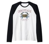 Chincoteague Virginia Blue Crab Since 1671 Burgundy Letters Raglan Baseball Tee