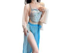 Chinese Ancient - Style Embroidered Bellyband Pajama Set Classical Chiffon Pajama Set (Blue+Black Stockings)