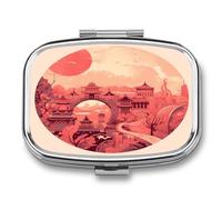 Chinese Architectural Patterns Pill Box 2 Compartment Small Square Pills Case Portable for Pocket Pill Organizer Travel Metal Pill Holder for Office Home Vitamin Medicine Fish Oil