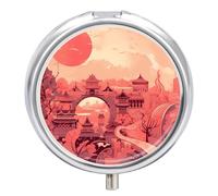 Chinese Architectural Patterns Pill Box 3 Compartment Small Pill Case for Purse Travel Pill Organizer Metal Pill Holder Portable Pill Container Medicine Organizer for Vitamin Fish Oil Supplements