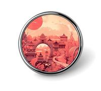 Chinese Architectural Patterns Round Lapel Pin Brooch Badge Cute Tie Tack Pin for Hats, Clothing, Bags Unique Fashion Accessories Gift for Men & Women