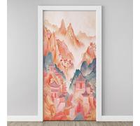 Chinese Architecture in Misty Mountain 3D Door Stickers Self Adhesive, Asia Temple View Wallpaper Peel and Stick, Retro Door Murals, PVC Waterproof Door Decal for Bedroom Living Room 77x200 cm Y5h146