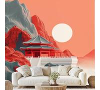 Chinese Architecture Landscape Self Adhesive Wallpaper Minimalist Sun Mountain Wall Stickers 350x256 cm Oriental Art Photo Wallpaper Non-Woven Murals for Bedroom Living Room Wall Decal Wf135g