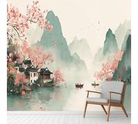 Chinese Architecture River Wallpaper Decals, Ink Painting Mountains Boat Murals Waterproof PVC, Flower Tree Bird Wall Stickers Self Adhesive for Sofa Background Bedroom Living 230x210 cm