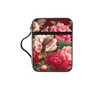 Chinese-Art-Bulbuls-Peonies Bible Cover Case with Handle, Water-Resistant Oxford Fabric Bible Bag Organizer with Zipper Pockets for Church