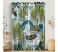Chinese Art Curtains for Bedroom Living Room, Blackout Curtains Drop, Energy Saving Thermal Insulated Drapes, Willow Tree Small Wooden Boat Window Treatments, W 52" x L 84", 2 Panels, Blue-Gray