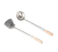 Chinese Asian Cooking Tools Wok Spoon & Wok Turner with Long Wooden Handle Stainless Steel Chuan & Hoak (Spatula & Ladle