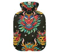 Chinese Black Dragon Skull hot Bottle Water Bag with Soft Cover, 2L Warmer Bag for Period Cramps, Period Cramps, Period Cramps