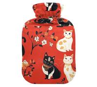 Chinese Black White Cats Red hot Bottle Water Bag with Soft Cover, 2Lhotwater Bag for Hot and Cold Therapies,Hand Feet Warmer,compresas calientes para el vientre
