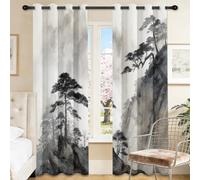 Chinese Blackout Curtain for Bedroom, Light Gray Thermal Insulated Window Drapes with Mountains Pine Trees Landscape Paintings Pattern, UV Protection Curtains for Nursery W 46" x L 90" (2 Panels)