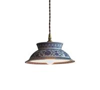 Chinese Blue and White Porcelain Light, Asian Style Ceramic Drum Shade E27 Brass Accent Hanging Lamp, Traditional Ceiling Fixture for Dining Table, Tea Room, Library Anteroom(Small)/Large