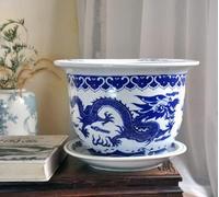 Chinese Blue and White Porcelain Plant Pot Hand-Painted Qing Flower & Dragon Flowerpot Pot Large-Caliber Modern Indoor Decor Plant Pots Antique Home Decoration,A-12 * 17cm