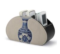 Chinese Blue Porcelain Vase Remote Control Holder, TV Remote Caddy Storage Box, Leather Desktop Organizer, PU Pencil Holder, Stationary Organizer for Living Room Office (5 Compartments)