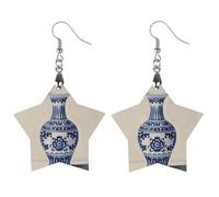 Chinese Blue Porcelain Vase Wooden Earrings for Women, Vintage Elegant Wood Jewelry, Lightweight Earrings for Wedding, Party, Everyday Jewelry Gift, Apricot shaped, Wood, wood