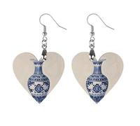 Chinese Blue Porcelain Vase Wooden Earrings for Women, Vintage Elegant Wood Jewelry, Lightweight Earrings for Wedding, Party, Everyday Jewelry Gift, Love, Wood, wood