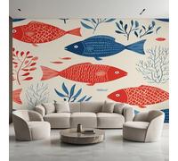 Chinese Carp Photo Wallpaper, Marine Plant Red Blue Fish Wallpaper Mural, 250x175cm Wall Paper for Bedroom Living Room, Non-Woven Wall Mural Room Decor EL&D55