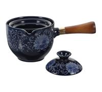 Chinese Ceramic Side Handle Teapot, 290ml Navy Loose Tea Brewer | Wood and Ceramic Build, Heat Resistant Pour, Floral Pattern, for Home Desks and Office Breaks
