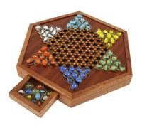 Chinese Checkers Wooden Traditional 6 Inch Hexagon Board Game Set with Drawers and Colorful Glass Marbles Board Game for 2 to 6 Players