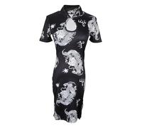 Chinese Cheongsam Shirt Short Sleeve Dress Women Sexy Prom Dress Traditional Side Slit Palace Slim Fit Dragon Halter Neck Bodycon Dress Halloween Costume (UK, Alpha, M, Regular, Regular, Black)