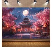 Chinese Cherry Blossom Pavilion Backdrop: Oriental Landscape,Pagoda & Sakura Moonlight.For China Photo Backgrounds,Chinese Party Decorations,Chinabackdrop,Chinese Architectural Decoration(F,210x150cm)