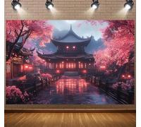 Chinese Cherry Blossom Pavilion Backdrop: Oriental Landscape,Pagoda & Sakura Moonlight.For China Photo Backgrounds,Chinese Party Decorations,Chinabackdrop,Chinese Architectural Decoration(D,250x180cm)