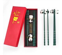 Chinese Chopsticks Set - 2 Pairs Bamboo Shape Chopsticks with 2 Panda Stick Holder, Reusable Non-Slip Dishwasher Safe, Gift for Panda Lovers (Green)