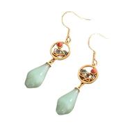 Chinese Classical Gold Color Enamel Painted Magnolia Flower Earrings Agate Tassel Earring, Stone, No Gemstone
