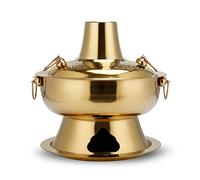 Chinese Copper Hot Pot, Charcoal Shabu Shabu Hot Pot Pan Stainless Steel Chinese Cooker Traditional Soup Pot Cookware with Chimney,Gold,34cm (Color : Gold, Size : 34cm)