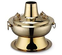 Chinese Copper Hot Pot, Stainless Steel Chinese Hotpot Soup Pot Shabu Cookware Pan with Chimney for 2-7 People Family Gathering,Gold,28cm (Color : Gold, Size : 32cm)