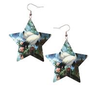 Chinese Crane Bird Peach Tree Women's Fashion Earrings, Celestial Dangle Earrings, Star Shape Jewelry for a Versatile