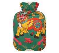 Chinese Cultural Lucky Dragon Lion hot Waterbottle with Soft Cover, 2L Warm Water Bottle for Bed for Hot and Cold Therapies