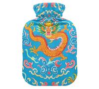 Chinese Culture Dragon Pattern Blue Travel hot Water Bottle with Soft Cover, 2L hot compresses for The Body for Hot and Cold Therapies