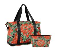 Chinese Culture Red Pattern Tote Bag Overnight Bag with Adjustable Strap for Yoga 2 Pcs Set, Chinese culture red pattern, One Size