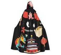 Chinese Culture Symbols Print Adults Hooded Cloak, Halloween Robe Hooded Cape Witch Wizard Cosplay Costumes For Men Women