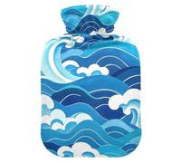Chinese Culture Wave Pattern Blue hot Water Bottles with Soft Cover, 2L hotwater Bag for Neck and Shoulder Pain Relief, Pain Relief, compresas calientes para el vientre