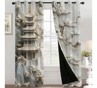 Chinese Curtains Blackout for Home Decor, Thermal Curtains Asian Japanese Landscape Pattern, Living Room & Bedroom Eyelet Drapes 90 Inch Drop, 66x90, 2 Panels C&540
