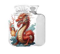 Chinese Dragon Cloud Red Print Hot Water Bottle with Cover 2L Large Warm Water Bag for Pain Relief Cramps