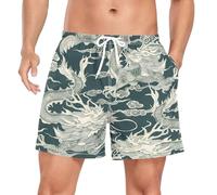 Chinese Dragon Flying Men's Swim Trunks with Liner Quick Dry Beach Shorts Swimwear Bathing Suit XXL Grey