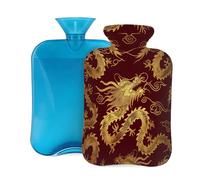 Chinese Dragon Gold Animal Hot Water Bottle with Cover, 2L Large Capacity Hot Water Bag for Hot Cold Compress, Hand Feet Warmer, Neck Shoulder Pain Relief