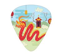 Chinese Dragon Guitar Picks 12 Pack Universal ABS Guitar Picks,Festive Illustration of Chinese gloriette Bushes and Grass on The Background,for Acoustic and Electric Guitar,Red and Green