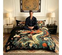Chinese Dragon Kids Duvet Cover Single Size,Watercolor Hand-Painted Bedding Set,Boys Men Room Decor,Flowers Western Wildlife Animals Black Red Colorful Comforter Cover 1 Pillowcase,No Comforter