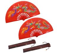Chinese Dragon Kung Fu Fan - 13" Bamboo Folding Hand Fan for Martial Arts, Tai Chi & Dance with Auspicious Dragon-Design (2, Red)