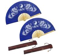 Chinese Dragon Kung Fu Fan - 13" Bamboo Folding Hand Fan for Martial Arts, Tai Chi & Dance with Auspicious Dragon-Design (2, Blue)
