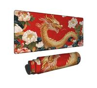 Chinese Dragon Large Gaming Mouse Pad, Red Gold Colorful Decorative Mousepad, Rubber Non-Slip Washable Gaming Mouse Pad for Home and Office Computer, Laptop 12x32 Inch