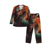 Chinese Dragon Men'S Pajamas Sets Soft Button Long Sleeve Sleepwear Ladies Lounge Sets With Pockets, Black, M/3XL