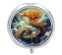 Chinese Dragon Oil Painting Pill Organizer 3 Compartment Travel Pillbox with Mirror Daily Medicine Pill Case Metal Pill Box for Purse & Pocket Portable Small Medicine Box Round Vitamin Case Container