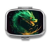 Chinese Dragon Pill Box 2 Compartment Pill Organizer Travel Pillcase with Mirror Square Metal Pill Container Weekly Medicine Planner Vitamin Organizer for Pocket